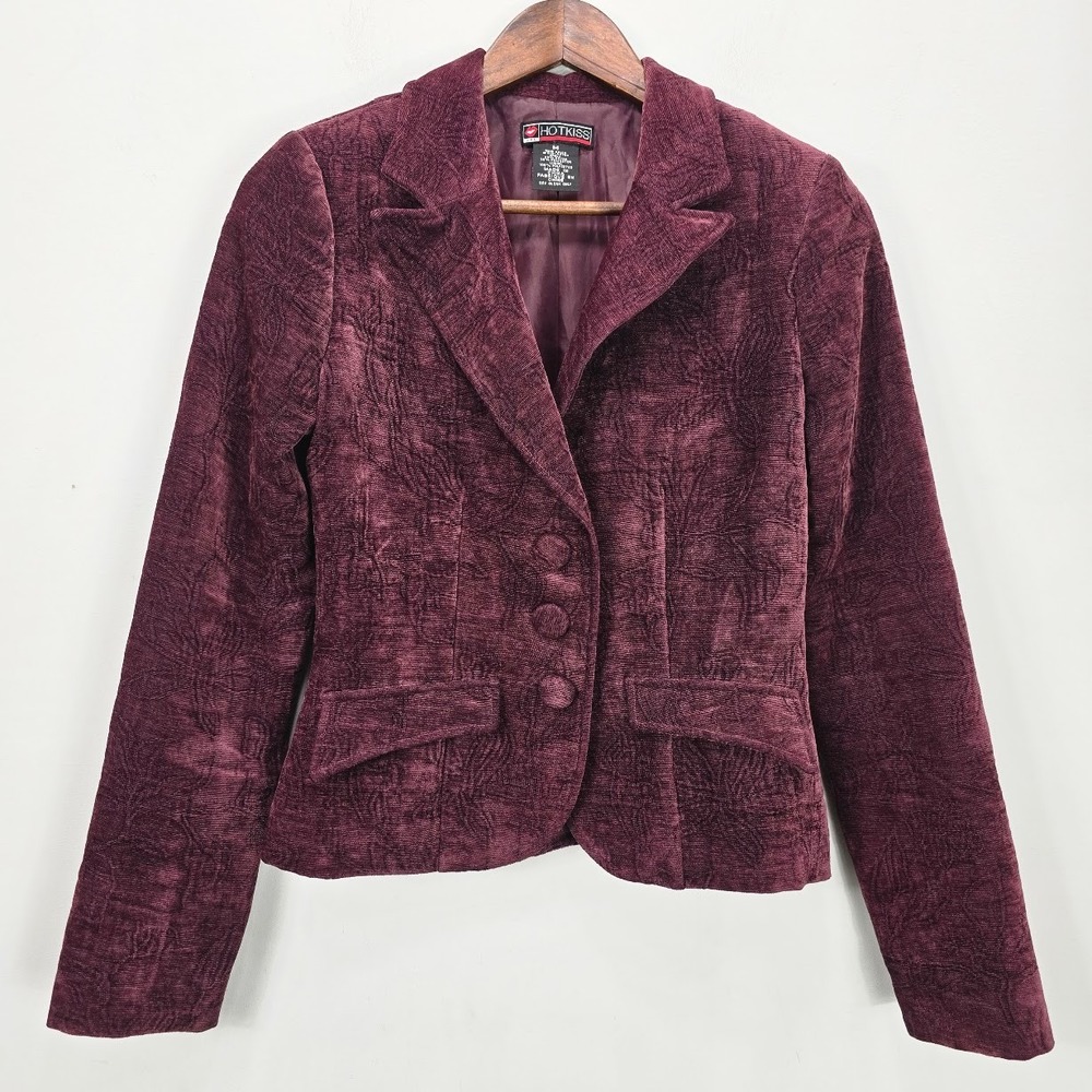 Vintage 90s Y2K Velvet Blazer Jacket S Burgundy Textured Academia Whimsigoth